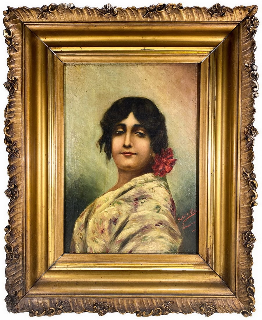 Antique Oil on Wood Spanish Woman Painting, signed (1 of 4)