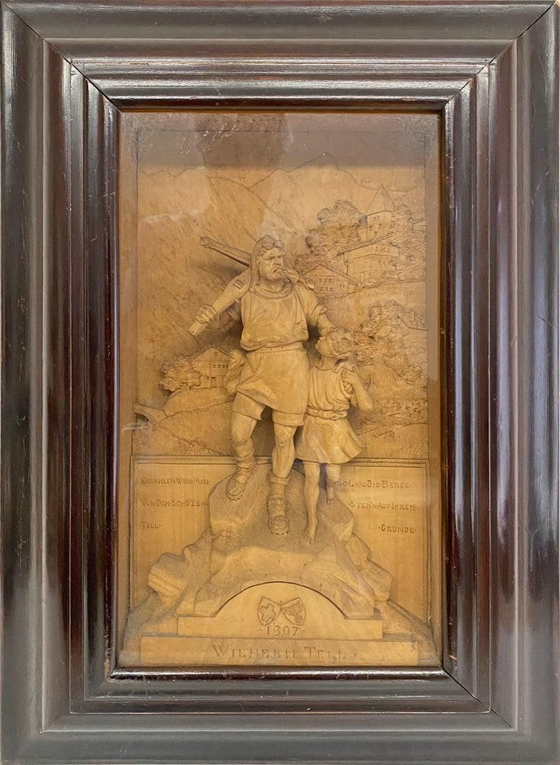 Antique Wilhelm Tell Carved Wood Framed Plaque (1 of 10)