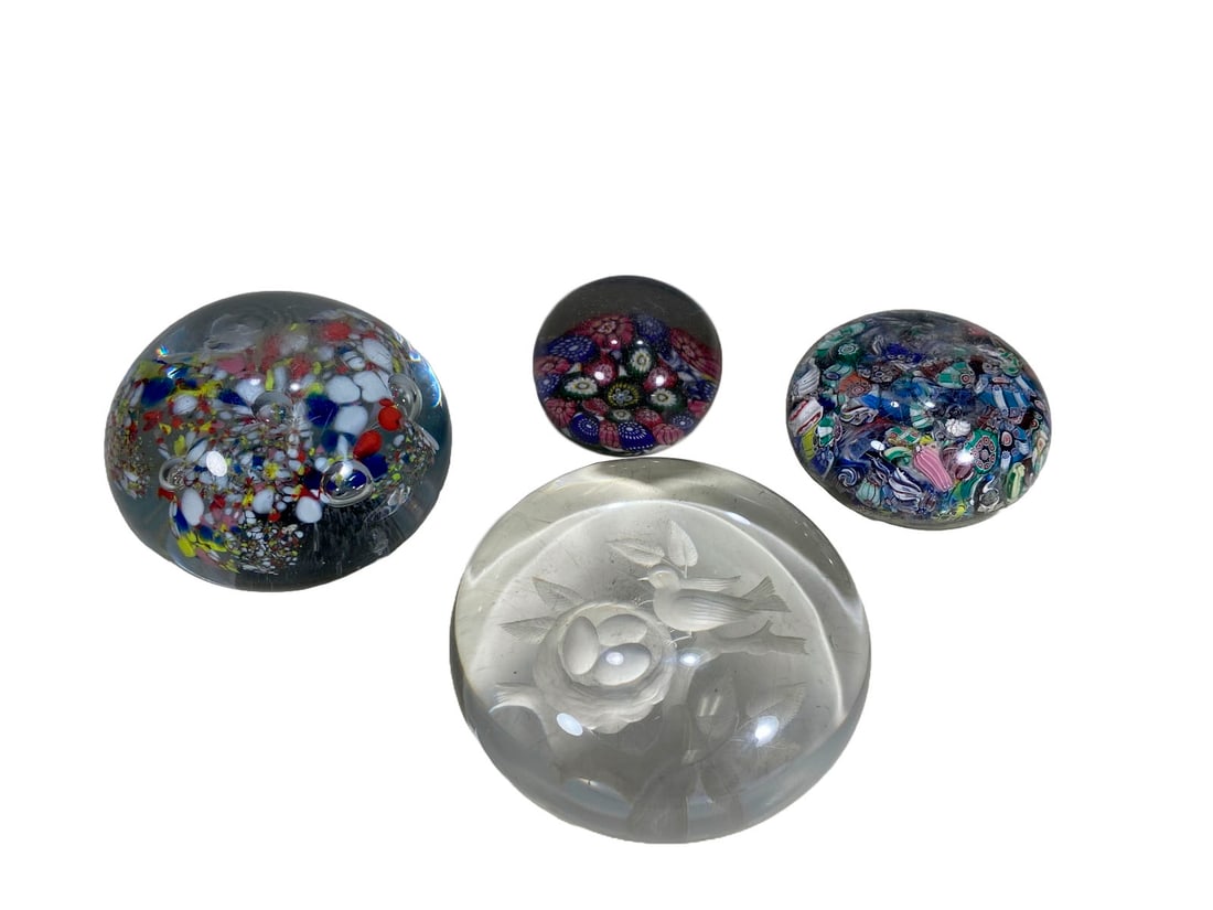 Lot of 4 Millefiori & Other Paperweights: Lot of 4 Millefiori & Other Paperweights. 1 3/8 x 3 1/2 in, 2 1/4 x 3 in, 1 1/2 x 2 1/2 in and 1 5/8 x 2 in.Local Pick up call one day before to make an appointment. TO SHIP THIS ITEM IN USA OR INTERN