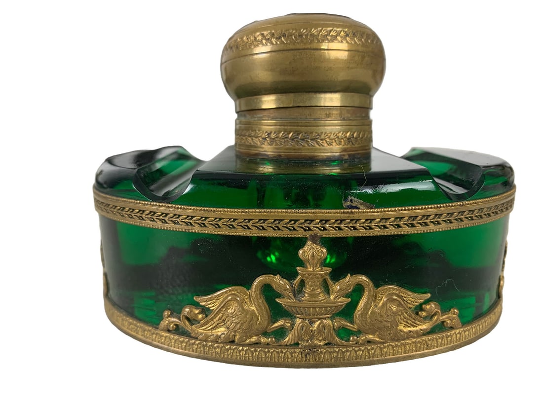 Antique French Green Crystal & Bronze Inkwell (1 of 9)