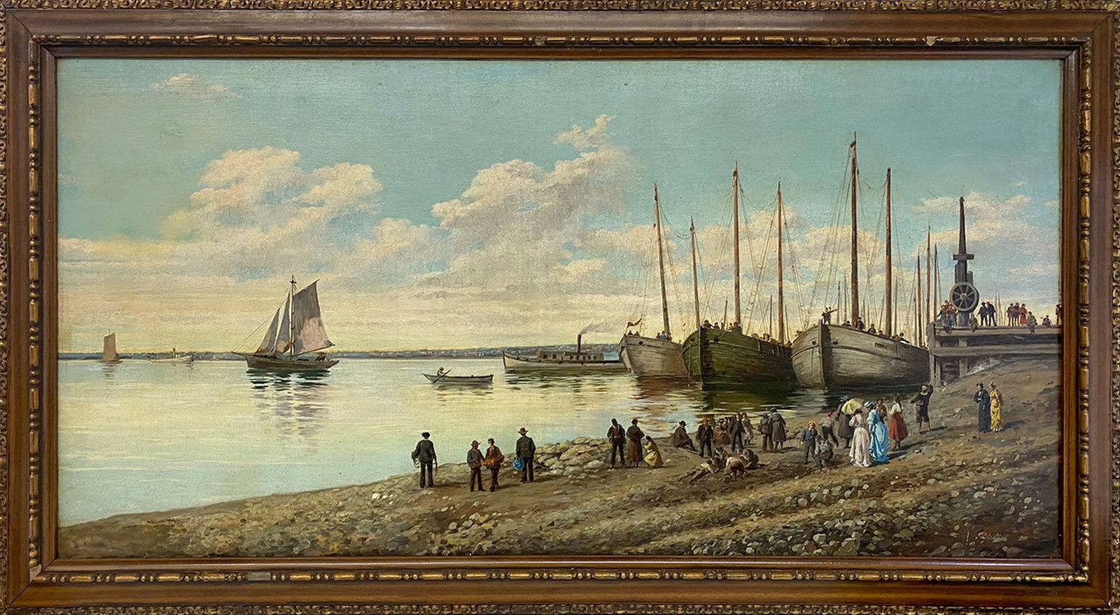 19th C. European Oil on Canvas Harbour Painting, signed (1 of 15)