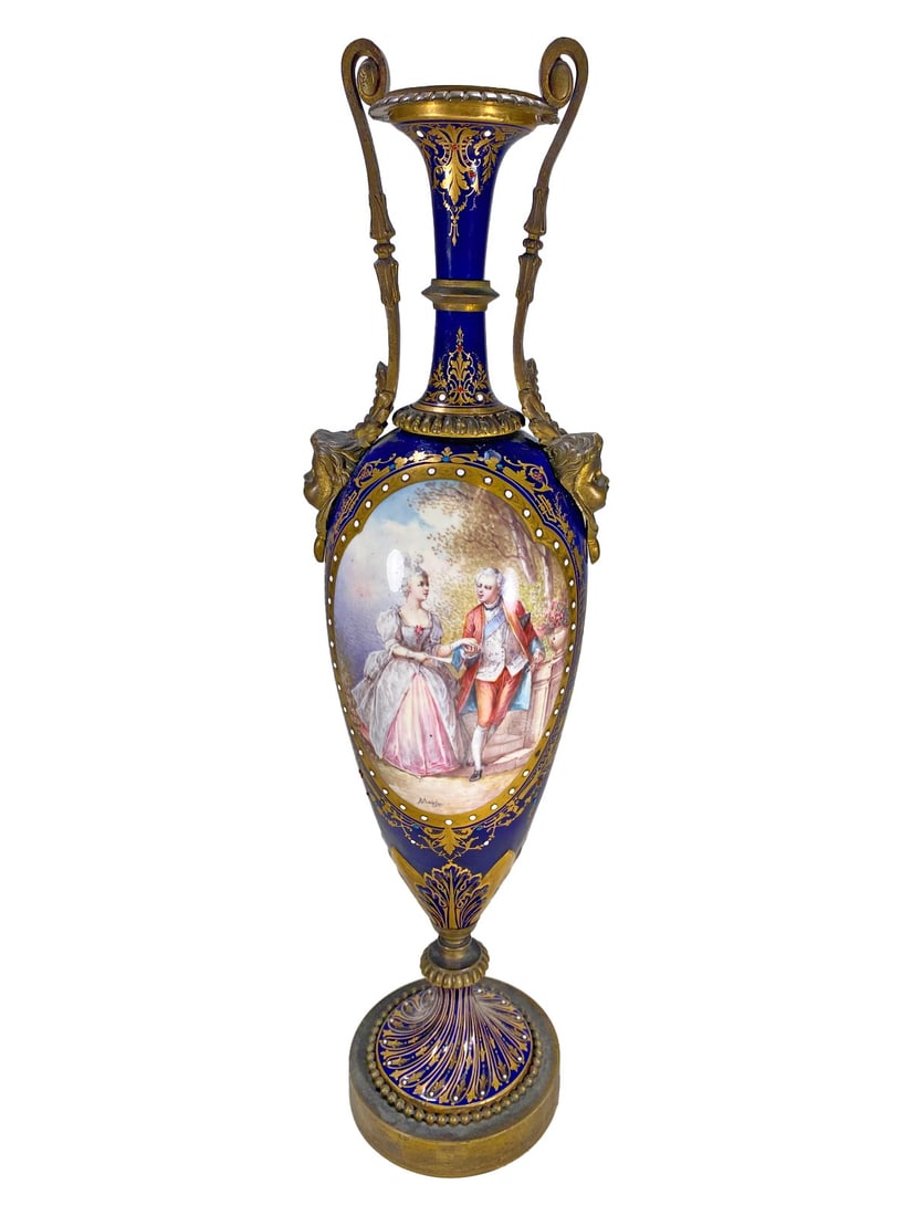 Antique French Sevres Porcelain & Bronze Urn: Antique French Sevres Porcelain & Bronze Urn. 15 1/4 x 3 3/4 x 3 1/4 in.Local Pick up call one day before to make an appointment. TO SHIP THIS ITEM IN USA OR INTERNATIONAL, PLEASE CONTACT THE SHIPPERS