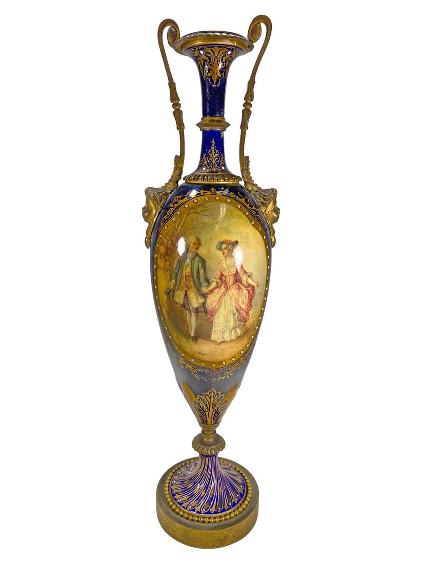 Antique French Sevres Porcelain & Bronze Urn: Antique French Sevres Porcelain & Bronze Urn. 15 1/4 x 3 3/4 x 3 1/4 in.Local Pick up call one day before to make an appointment. TO SHIP THIS ITEM IN USA OR INTERNATIONAL, PLEASE CONTACT THE SHIPPERS