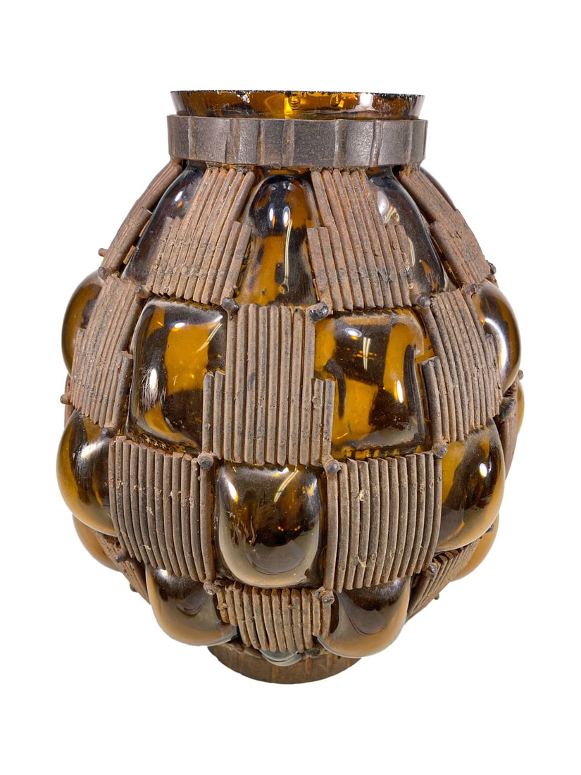Probably Majorelle Blown Out Amber Glass & Iron Vase: Probably Majorelle Blown Out Amber Glass & Iron Vase. 13 x 9 3/4 in.Local Pick up call one day before to make an appointment. TO SHIP THIS ITEM IN USA OR INTERNATIONAL, PLEASE CONTACT THE SHIPPERS : 1
