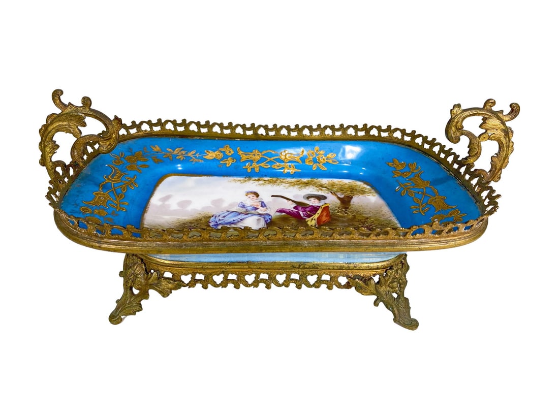 Antique French Porcelain & Bronze Tray: Antique French Porcelain & Bronze Tray. 5 1/2 x 13 1/4 x 7 1/4 in.Local Pick up call one day before to make an appointment. TO SHIP THIS ITEM IN USA OR INTERNATIONAL, PLEASE CONTACT THE SHIPPERS : 1) 