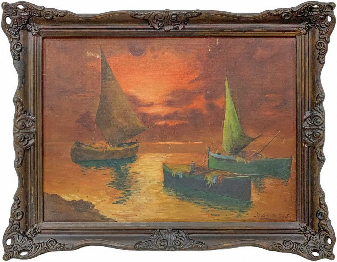 Signed Ilda de Santis Oil on Canvas on Board Boats Painting (1 of 7)
