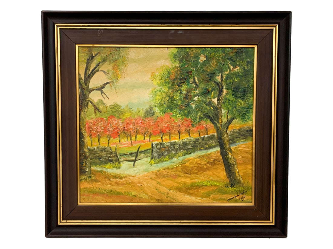 Oil on Masonite Landscape Painting, signed & dated 1980: Oil on Masonite Landscape Painting, signed & dated 1980. 24 x 26 x 1/4 in framed. 17 x 19 in unframed.Local Pick up call one day before to make an appointment. TO SHIP THIS ITEM IN USA OR INTERNATIONA