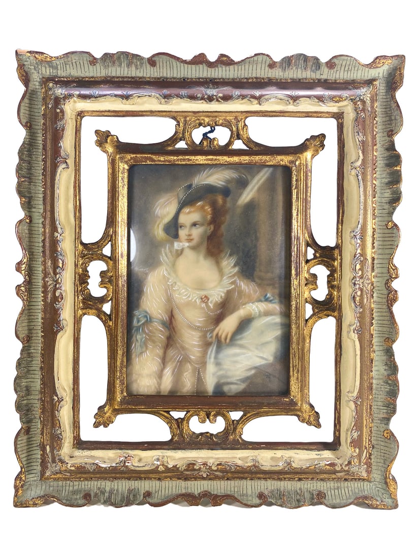 Antique French Miniature Painting: Antique French Miniature Painting. 13 1/8 x 11 in framed. 7 1/2 x 5 1/2 in unframed.Local Pick up call one day before to make an appointment. TO SHIP THIS ITEM IN USA OR INTERNATIONAL, PLEASE CONTACT 