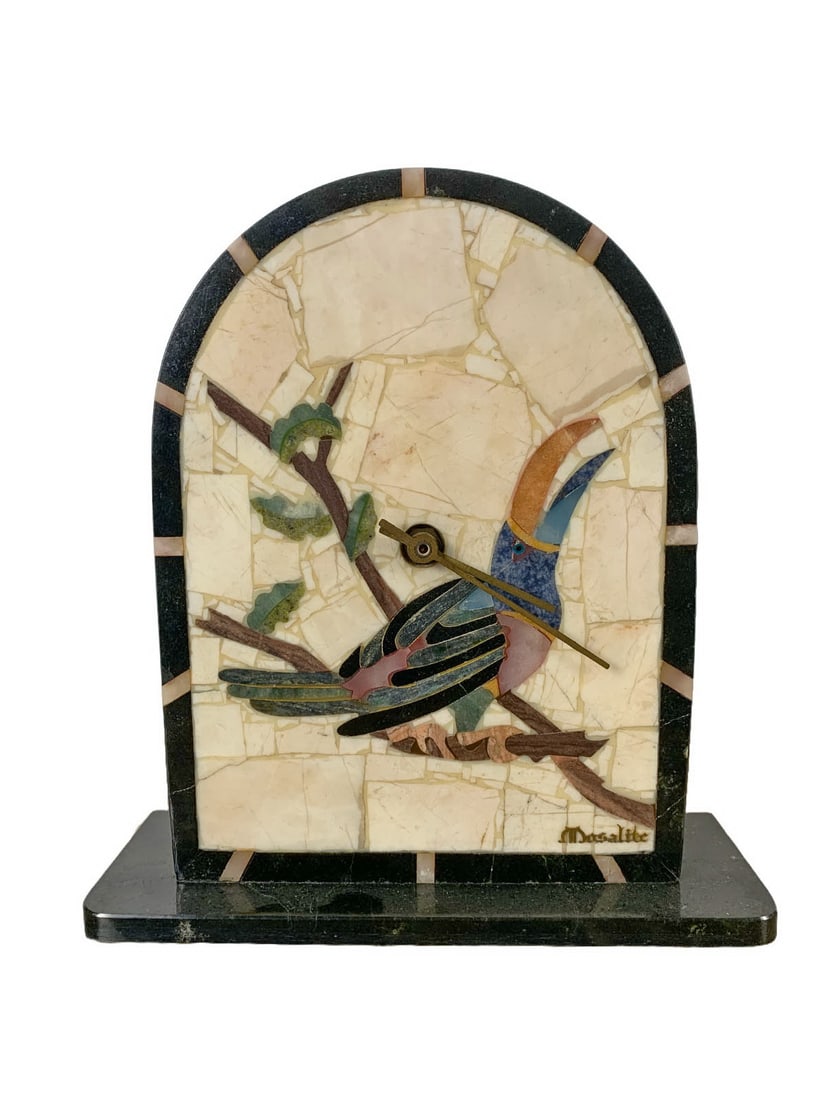 Antique Italian Mosalite Pietradura Clock: Antique Italian Mosalite Pietradura Clock. 8 1/2 x 7 1/2 x 2 3/4 in.Local Pick up call one day before to make an appointment. TO SHIP THIS ITEM IN USA OR INTERNATIONAL, PLEASE CONTACT THE SHIPPERS : 1