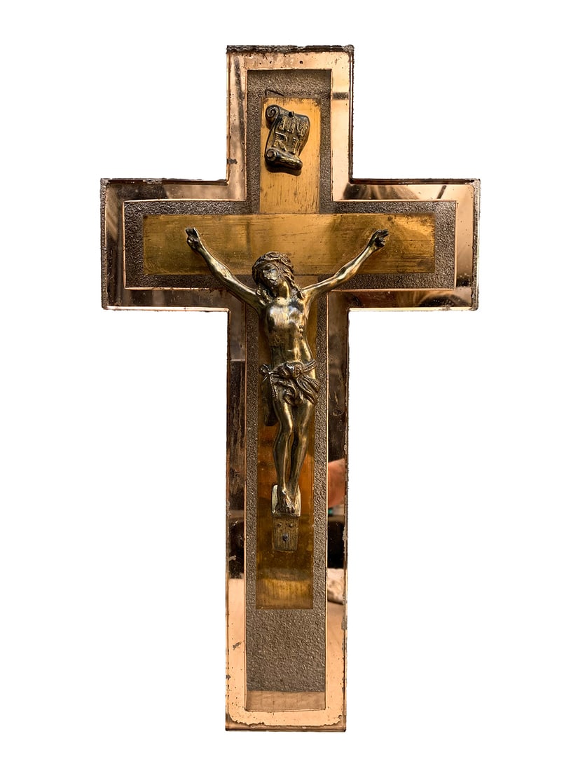 Antique French Bronze & Glass Cross: Antique French Bronze & Glass Cross. 16 x 8 3/4 in.Local Pick up call one day before to make an appointment. TO SHIP THIS ITEM IN USA OR INTERNATIONAL, PLEASE CONTACT THE SHIPPERS : 1) UPS store1937- 