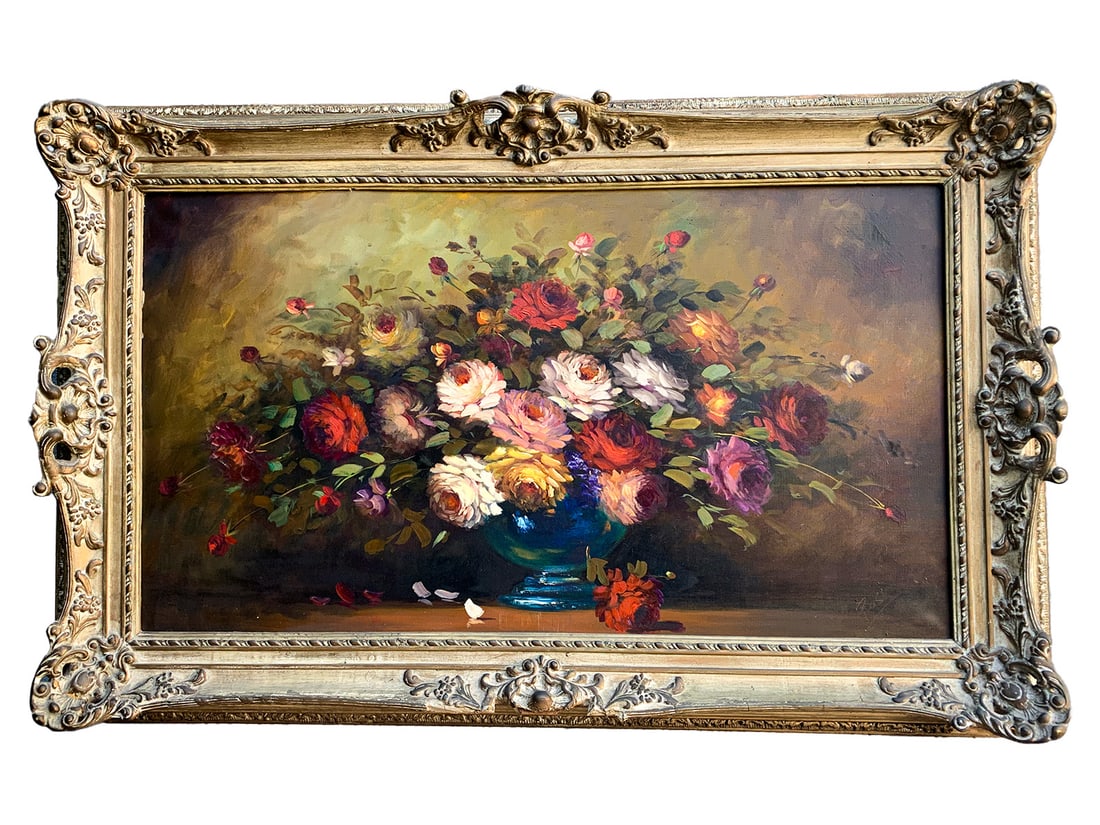 Signed Rosi Still Life Oil on Canvas Painting: Signed Rosi Still Life Oil on Canvas Painting. 30 1/2 x 48 x 3 1/4 in framed. 21 1/2 x 38 1/2 in unframed.Local Pick up call one day before to make an appointment. TO SHIP THIS ITEM IN USA OR INTERNAT