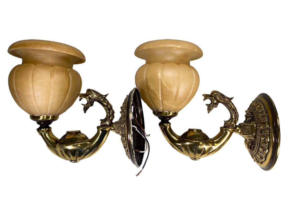 Pair of French Bronze & Alabaster Sconces: Pair of French Bronze & Alabaster Sconces. 11 x 6 3/8 x 11 3/4 in.Local Pick up call one day before to make an appointment. TO SHIP THIS ITEM IN USA OR INTERNATIONAL, PLEASE CONTACT THE SHIPPERS : 1)