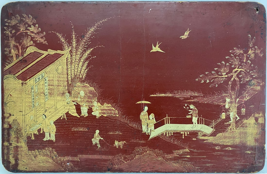 Antique Chinese Engraved Lacquer Wood Plaque (1 of 7)