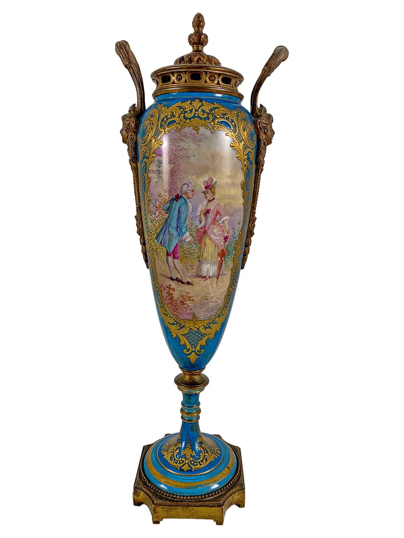 Antique French Sevres Porcelain & Bronze Urn: Antique French Sevres Porcelain & Bronze Urn. 20 3/4 x 6 x 4 1/2 in.Local Pick up call one day before to make an appointment. TO SHIP THIS ITEM IN USA OR INTERNATIONAL, PLEASE CONTACT THE SHIPPERS : 1