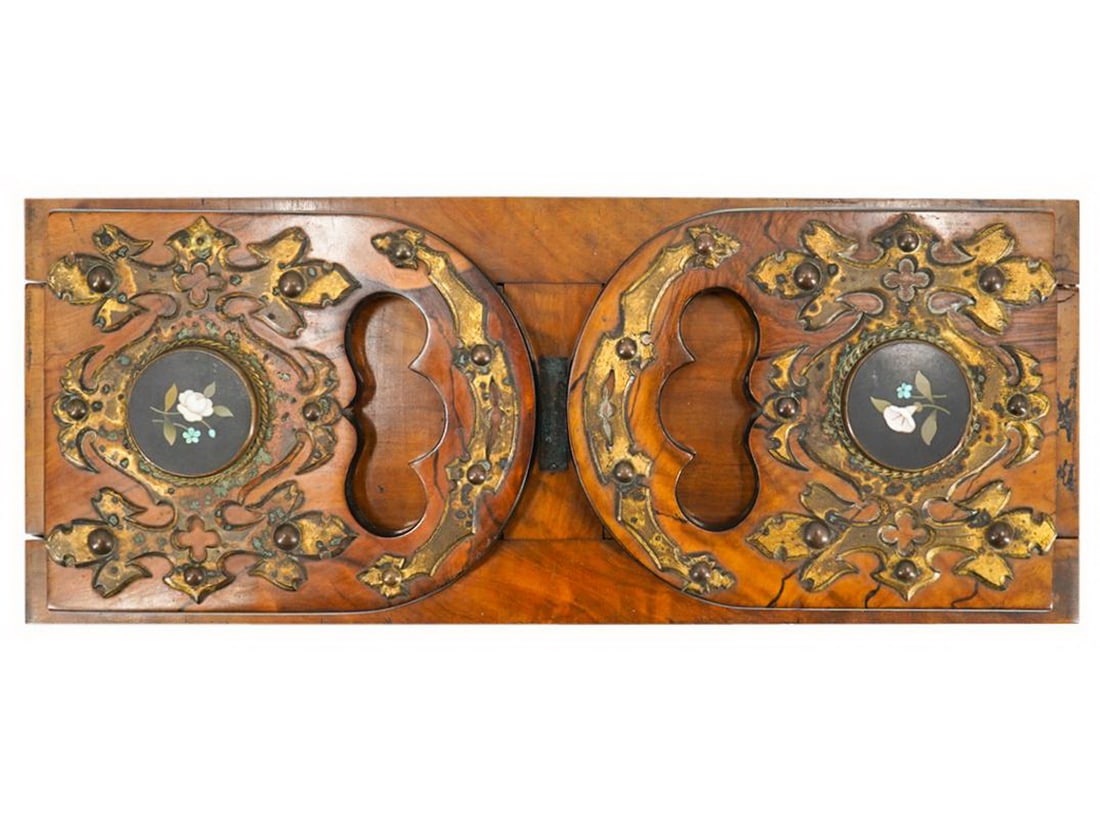 Antique English Pietradura, Bronze & Wood Bookends: Antique English Pietradura, Bronze & Wood Bookends, marked Curtis, Leicester. 1 1/8 x 12 1/4 x 4 7/8 in closed.Local Pick up call one day before to make an appointment. TO SHIP THIS ITEM IN USA OR INT