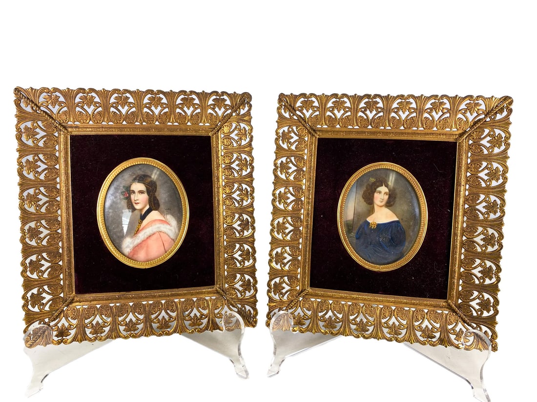 Antique French Pair of Miniature Paintings, signed (1 of 10)