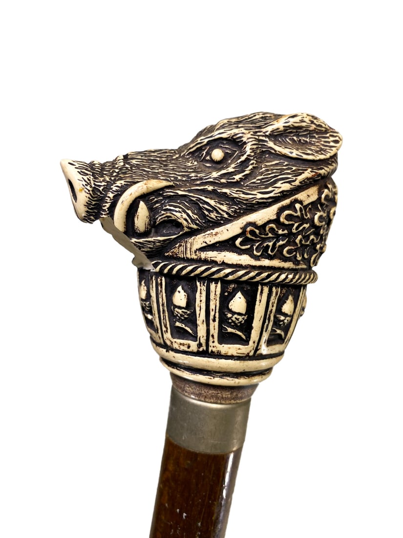 Vintage Boar Head Composition & Wood Walking Stick (1 of 5)