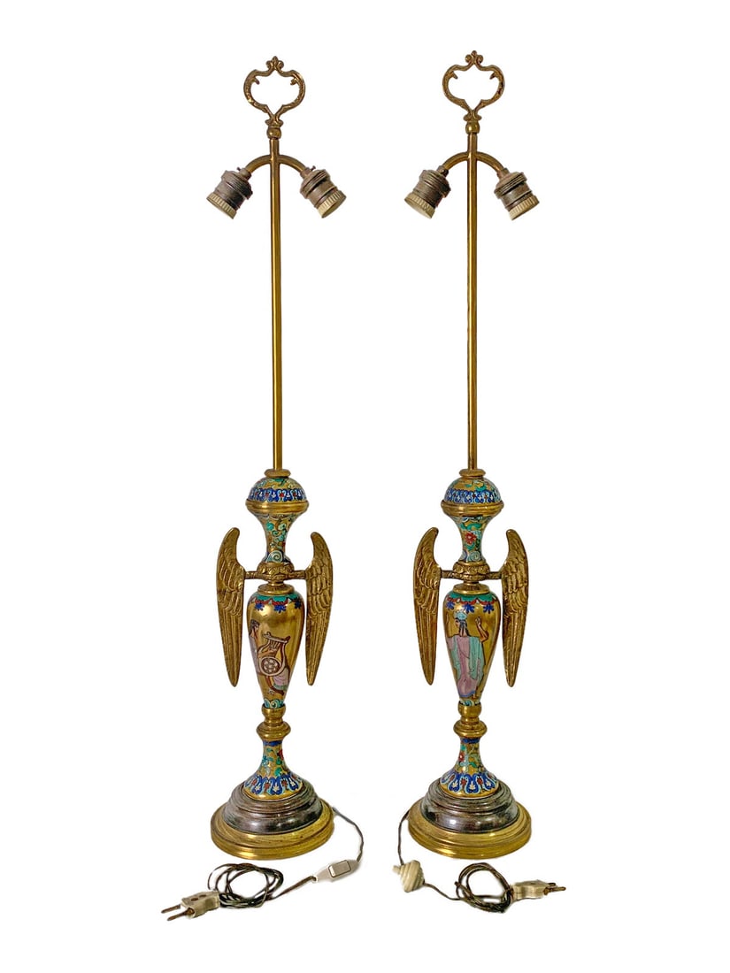 Antique French Pair of Bronze & Porcelain Lamps: Antique French Pair of Bronze & Porcelain Lamps. 35 x 5 3/4 in total. 17 1/4 in just the base.Local Pick up call one day before to make an appointment. TO SHIP THIS ITEM IN USA OR INTERNATIONAL, PLEAS