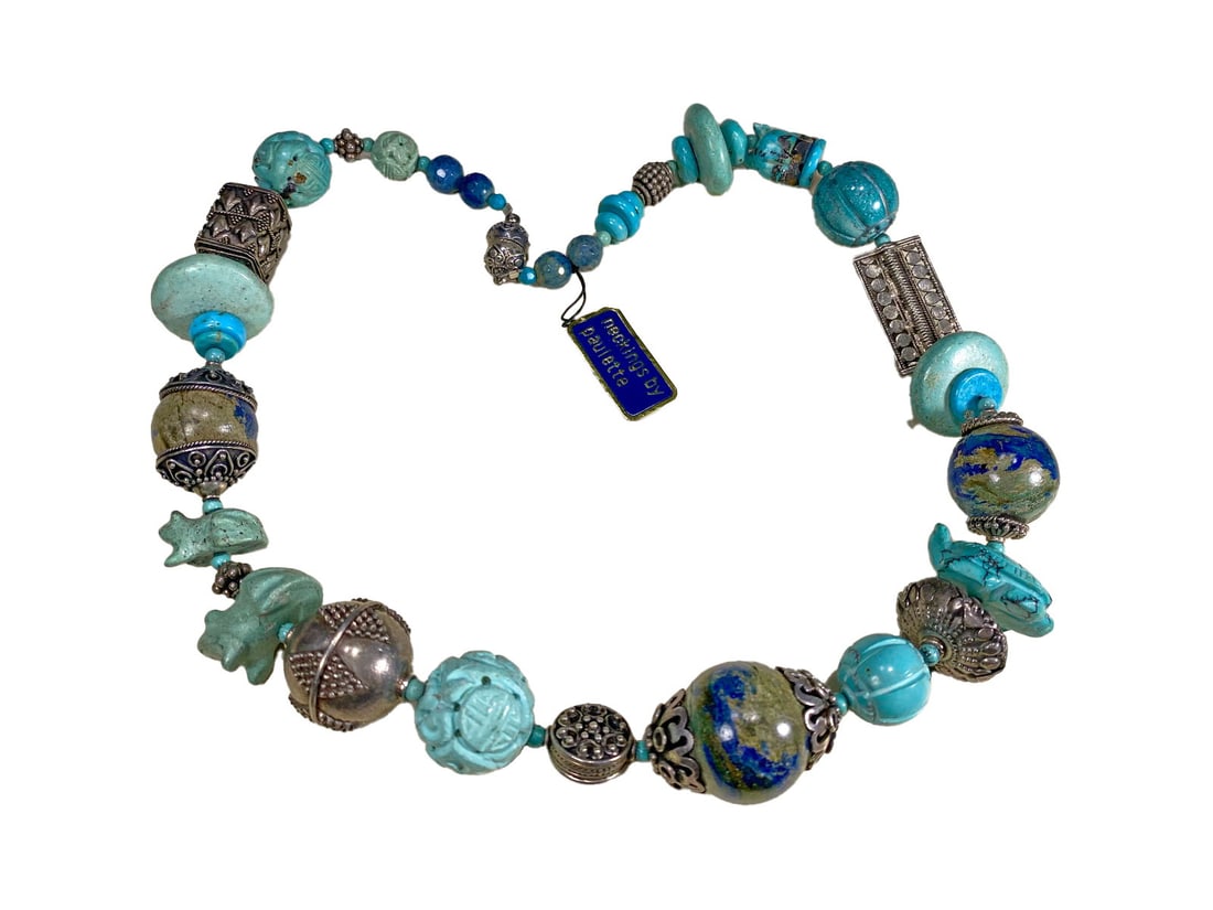 Silver, Turquoise & Others Necklace by Paulette: Silver, Turquoise & Others Necklace by Paulette. 9 1/2 x 1 1/2 in.Local Pick up call one day before to make an appointment. TO SHIP THIS ITEM IN USA OR INTERNATIONAL, PLEASE CONTACT THE SHIPPERS : 1) 