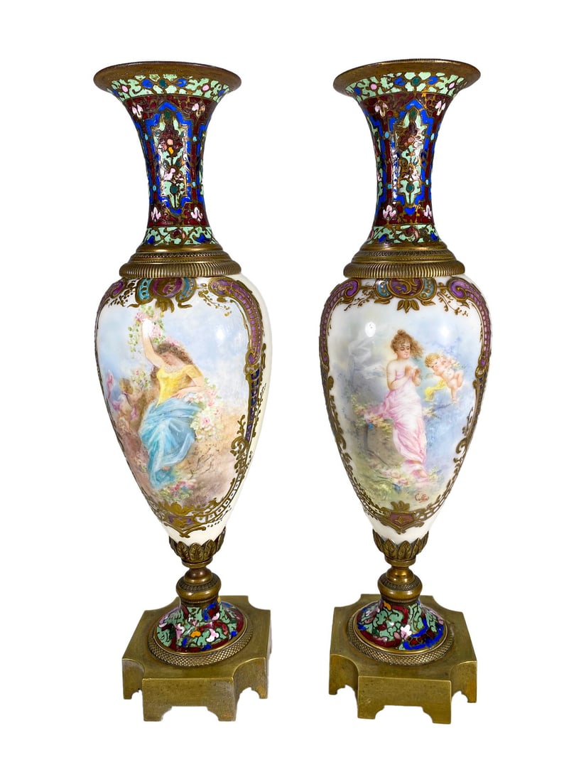 Antique Sevres Pair of Champleve & Porcelain Urns (1 of 8)