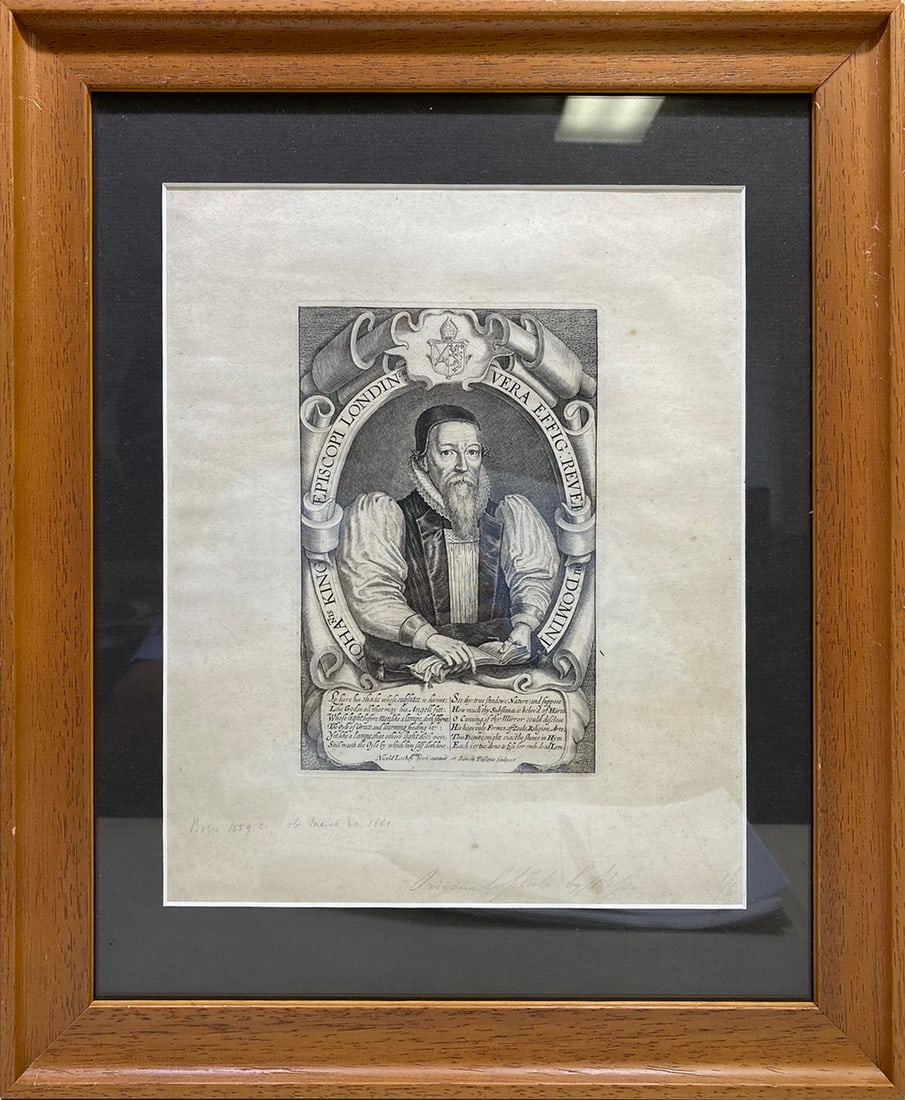 John King, Bishop of London Engraving Print: John King, Bishop of London Engraving Print. 15 7/8 x 12 7/8 in framed.Local Pick up call one day before to make an appointment. TO SHIP THIS ITEM IN USA OR INTERNATIONAL, PLEASE CONTACT THE SHIPPERS