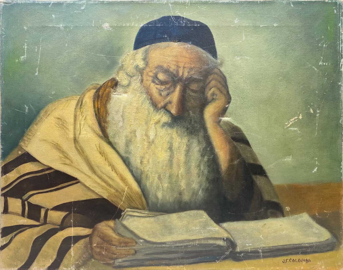 Signed J.F. Colombo Jewish Rabbi Oil on Canvas: Signed J.F. Colombo Jewish Rabbi Oil on Canvas. 16 1/8 x 20 in.Local Pick up call one day before to make an appointment. TO SHIP THIS ITEM IN USA OR INTERNATIONAL, PLEASE CONTACT THE SHIPPERS : 1) UPS