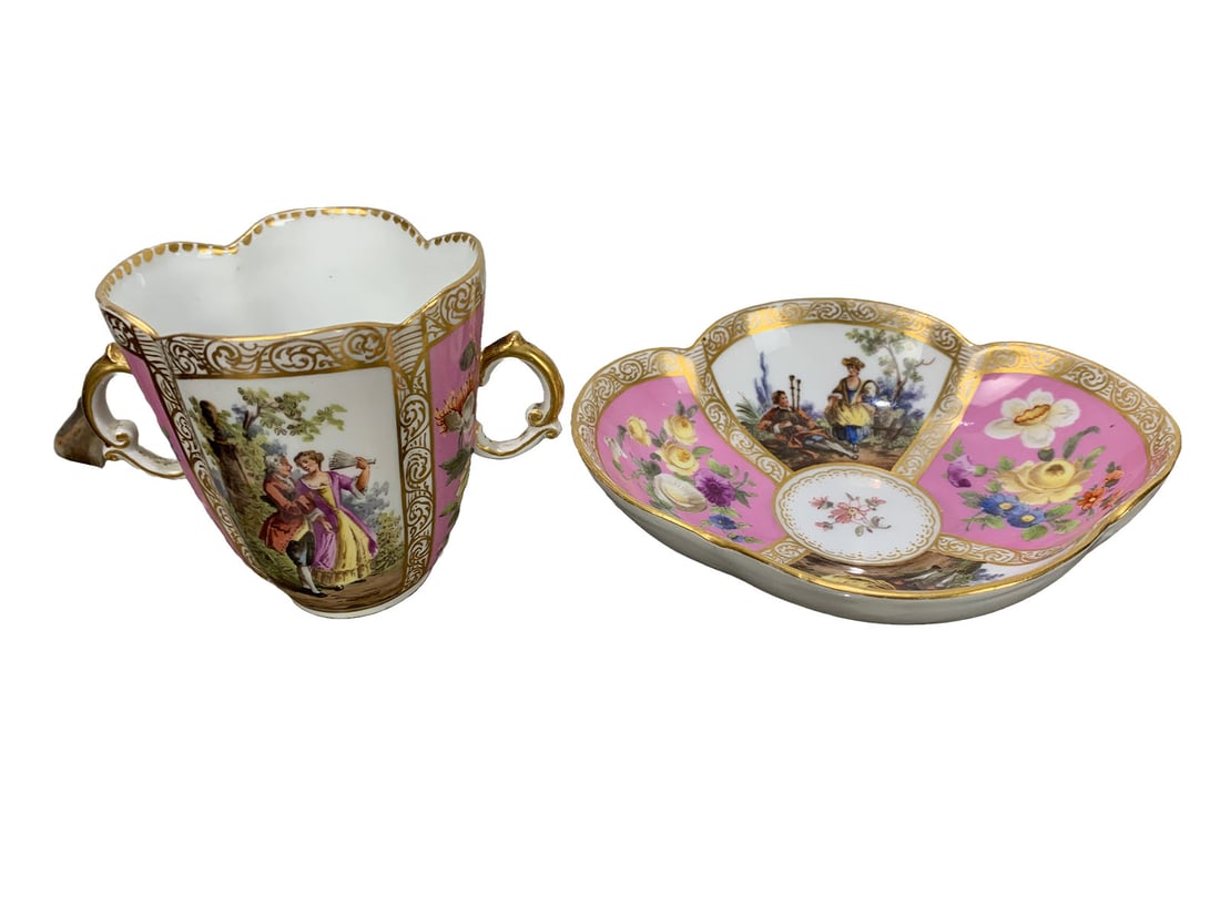 August Rex, Meissen Porcelain Cup: August Rex, Meissen Porcelain Cup. Cup: 3 1/4 x 4 1/2 x 2 3/4 in. Dish: 1 1/2 x 5 1/2 in.Local Pick up call one day before to make an appointment. TO SHIP THIS ITEM IN USA OR INTERNATIONAL, PLEASE CON