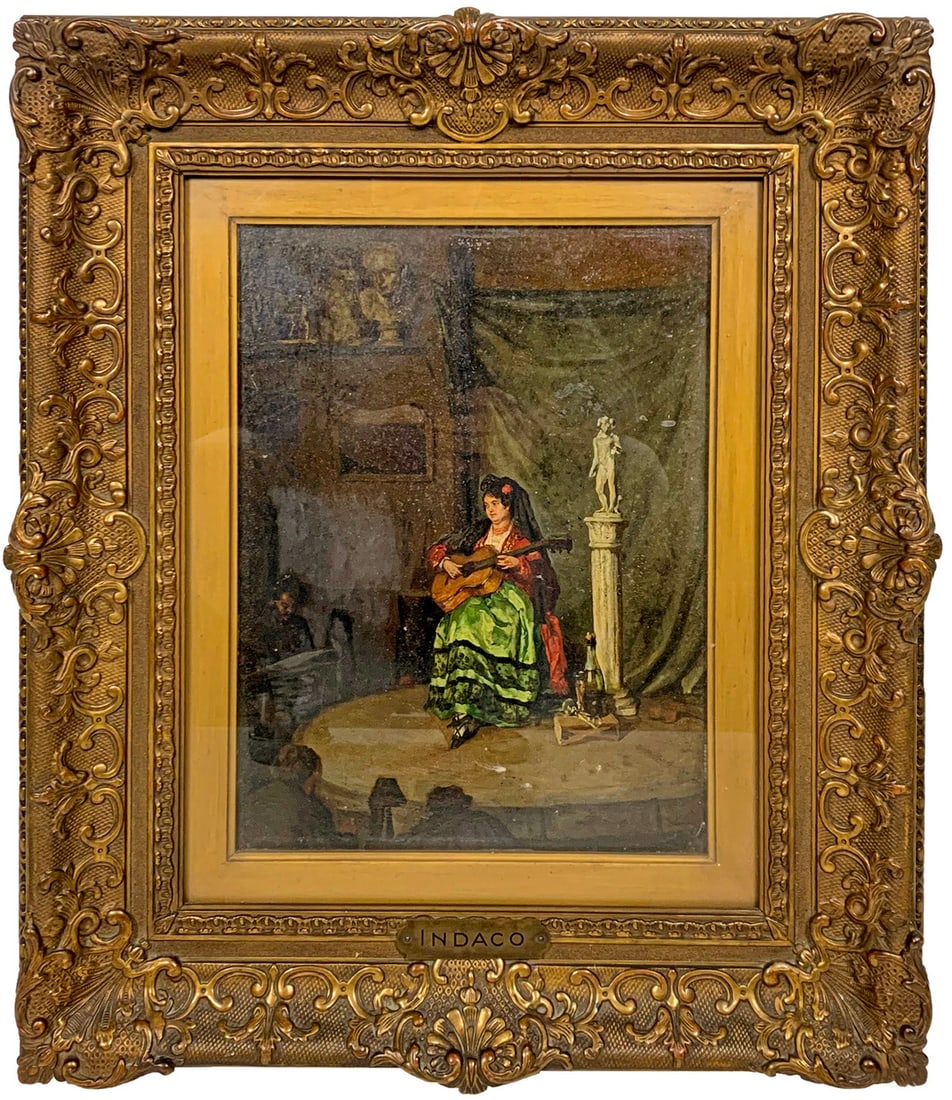 Antique European oil on wood painting: Antique European oil on wood painting, probably Spanish and marked Indaco. 22 7/8 x 18 7/8 in with frame. 14 1/4 x 10 3/4 in without frame. Local Pick up call one day before to make an appointment. TO