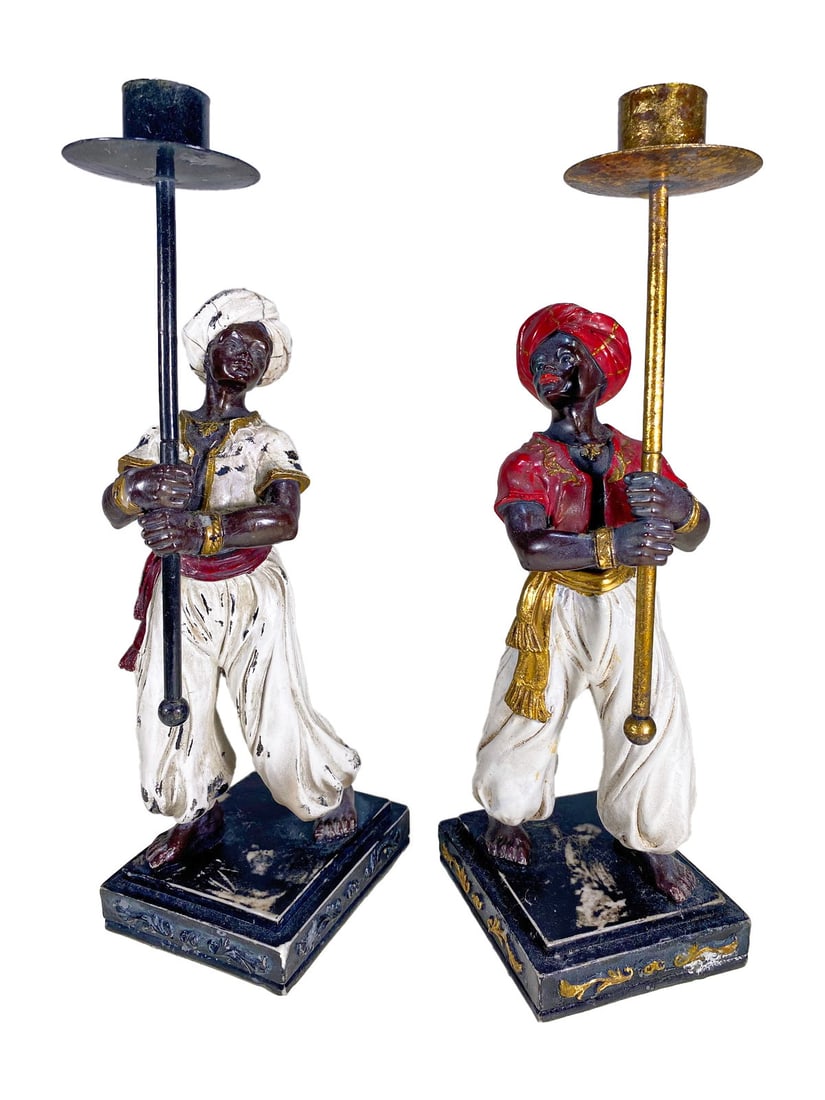 Pair of Orientalist Resin Candle Holders: Pair of Orientalist Resin Candle Holders. 11 1/8 x 3 1/4 x 4 3/4 in.Local Pick up call one day before to make an appointment. TO SHIP THIS ITEM IN USA OR INTERNATIONAL, PLEASE CONTACT THE SHIPPERS : 1