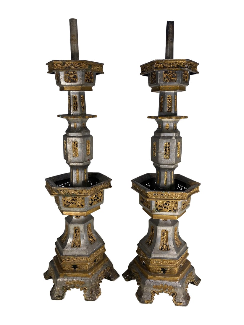 Pair of Antique Chinese Pewter Candle Holders (1 of 8)