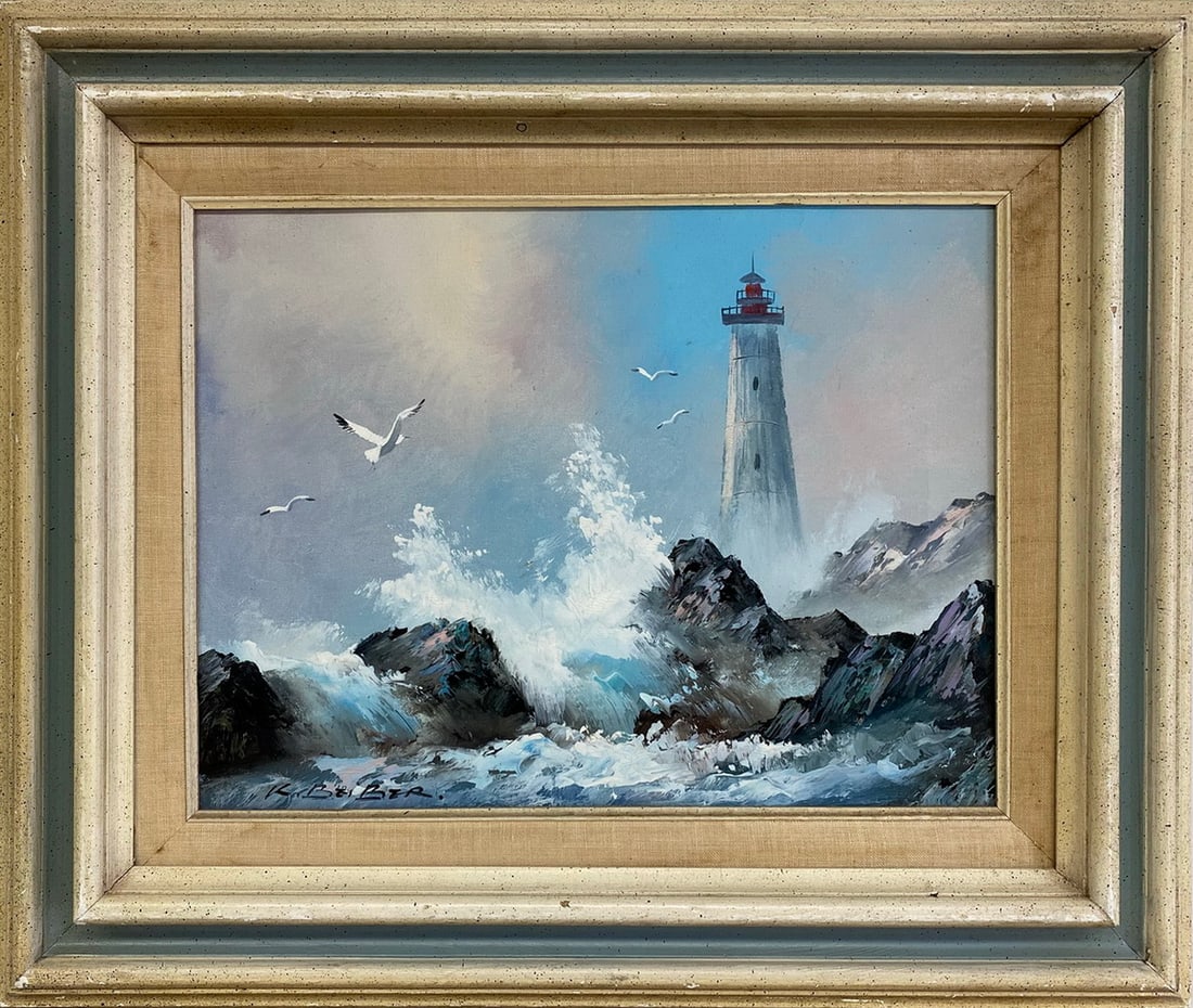 Oil on Canvas Lighthouse Painting, signed (1 of 4)