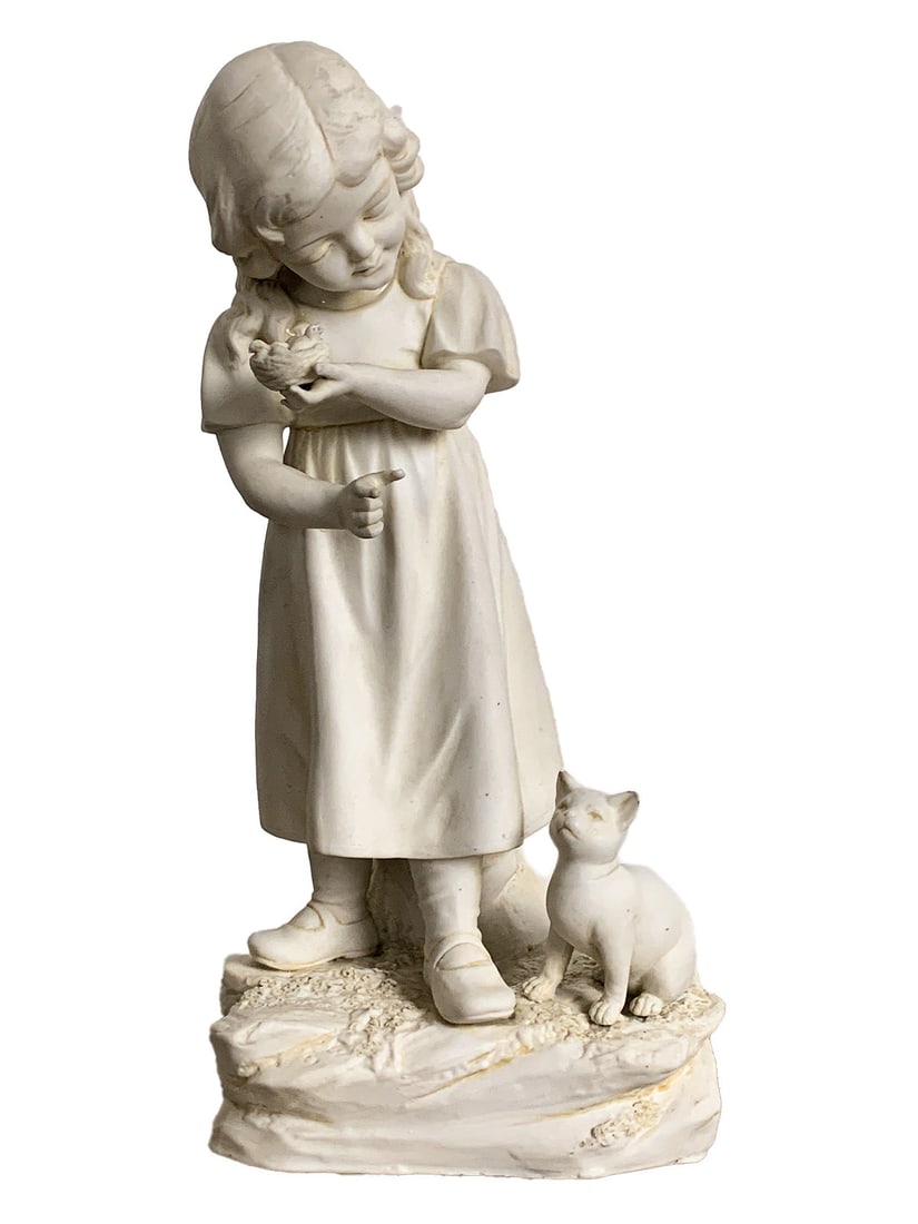 Antique French Girl & Cat Bisque Statue: Antique French Girl & Cat Bisque Statue. 9 3/4 x 4 1/2 x 3 1/2 in.Local Pick up call one day before to make an appointment. TO SHIP THIS ITEM IN USA OR INTERNATIONAL, PLEASE CONTACT THE SHIPPERS : 1)