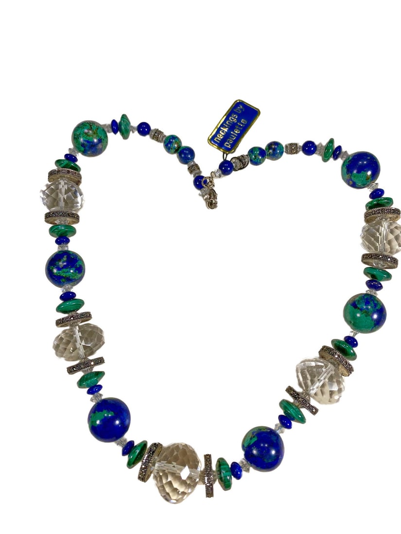 Vintage Silver, Azurite, Glass & Malachite Necklace by Paulette: Vintage Silver, Azurite, Glass & Malachite Necklace by Paulette. 8 1/2 in x 2. 17 in long.Local Pick up call one day before to make an appointment. TO SHIP THIS ITEM IN USA OR INTERNATIONAL, PLEASE CO