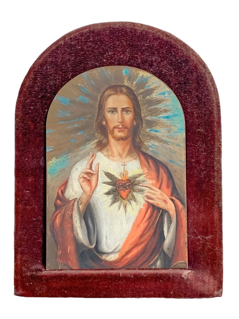 Antique Jesus Miniature Painting on Bronze & Velvet Frame (1 of 5)