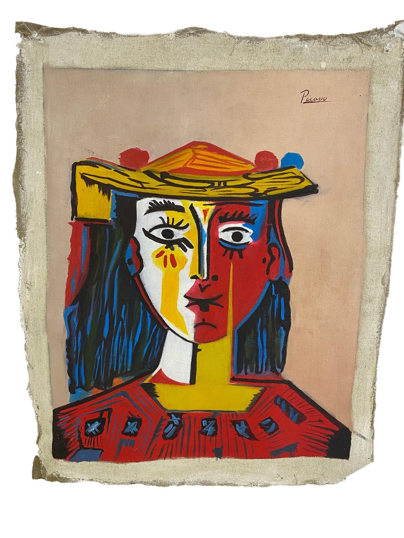 After Picasso Oil on Canvas Painting: After Picasso Oil on Canvas Painting by Anonymous Artist. 23 1/4 x 18 1/2 in.Local Pick up call one day before to make an appointment. TO SHIP THIS ITEM IN USA OR INTERNATIONAL, PLEASE CONTACT THE SHI