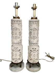 Vintage Chinese Pair of Porcelain & marble Lamps