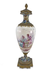 Antique French Bronze Champleve & Porcelain Urn