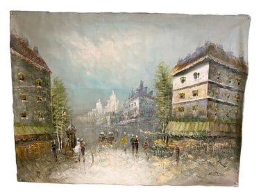 Vintage Oil on Canvas Cityscape Painting, signed