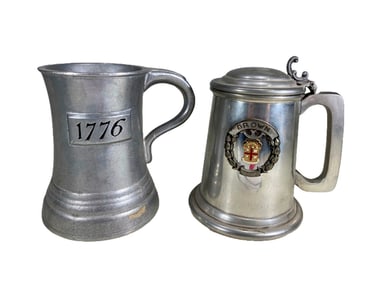 Wilton Columbia 1776 & Raimond, England Pewter & Glass Steins