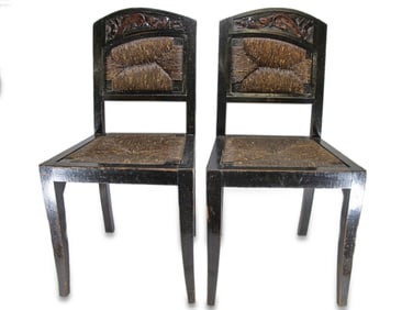 Antique Spanish Pair of Wood & Wicker Chairs