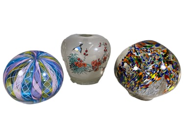 2 Glass Paperweights & 1 Small Glass Vase