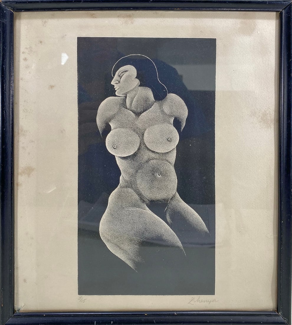Signed Zhenya Aquatint & Etching Nude Art Work: Signed Zhenya Aquatint & Etching Nude Art Work, Limited Edition 9/15. 15 x 11 7/8 in with frame.Local Pick up call one day before to make an appointment. TO SHIP THIS ITEM IN USA OR INTERNATIONAL, PLE