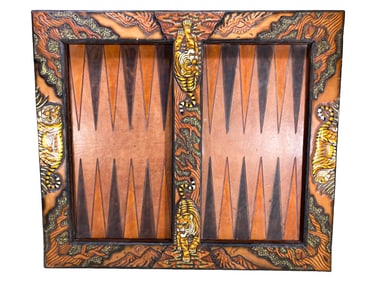 Handcrafted Leather Tigers Backgammon Game Tablet