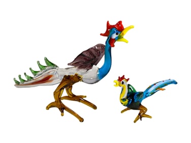 2 Blown Glass Roosters Miniatures Figurines