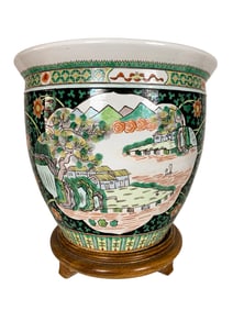 Vintage Chinese porcelain bowl & wood base