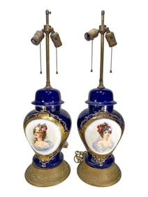 Vintage French Porcelain & Brass Table Lamps