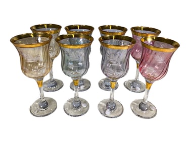 Vintage Bohemian Set of 8 Glass Wine Goblets