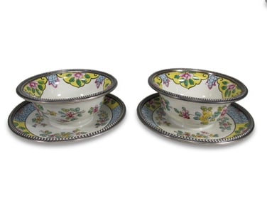 Antique French Limoges Pair of Silver & Porcelain Bowls