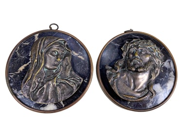 Antique Jesus & Mary Bronze & Marble Plaques