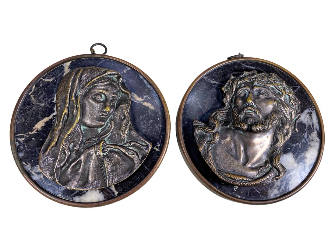 Antique Jesus & Mary Bronze & Marble Plaques (1 of 5)